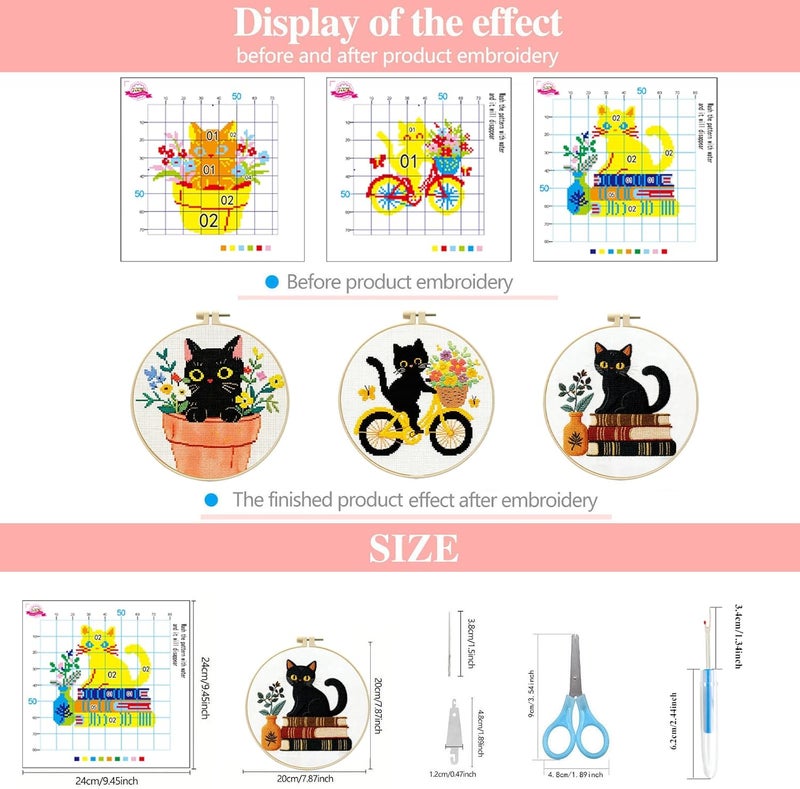 Zhenqing 3-Piece Black Cat Cross Stitch Kit for Beginners - Complete Set with Pre-Printed 11CT 24x24cm Fabric, Hoop, Threads & Tools (3 Adorable Cat Designs)(70403) - Image 3